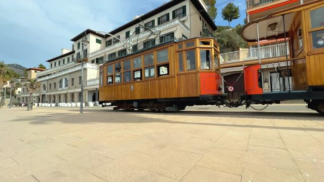 Soller, Spain - Mar 2022 : Tram in port in Soller