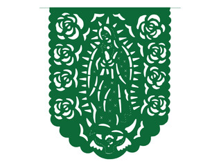 A Mexican papel picado in Spanish, which means in english: perforated paper or pecked paper with Our Lady of Guadalupe or Virgin of Guadalupe. Concept: Day of the Dead. 