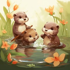Cute otters and beavers playing in the pond