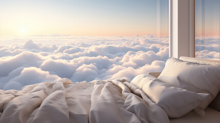 curved minimalist modern cozy small serene hygge bedroom above clouds, ai generated. - obrazy, fototapety, plakaty
