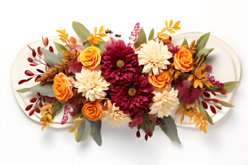 Top view of a Thanksgiving centerpiece with flowers and leaf