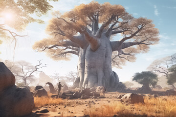 African baobabs, national park and savannah, nature, trees and plant, illustration. Generative AI. Forest, savanna, flora, landscape and environment, image - obrazy, fototapety, plakaty