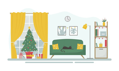 Modern living room decorated for Christmas with Christmas tree, gifts and lights. Vector illustration in flat style.
