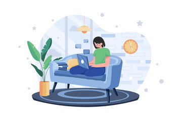 Fototapeta premium Woman Employee Working From Home While Seating On The Couch