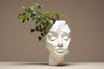 Flower pot in the shape of female head with growning out green plants. Stylish home decor, mental health and personal growth concept