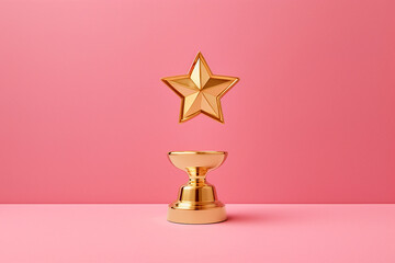 Gold winners award with star. Star trophy for a winner or champion. Rating golden star symbol of customer satisfaction review service, best quality ranking. Concept of great feedback experience - obrazy, fototapety, plakaty