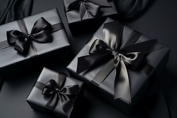 Dark gift boxes with satin ribbon and bows on black background. Holiday gift with copy space. Birthday or Christmas present, flat lay, top view. Christmas giftbox, Black friday concept.