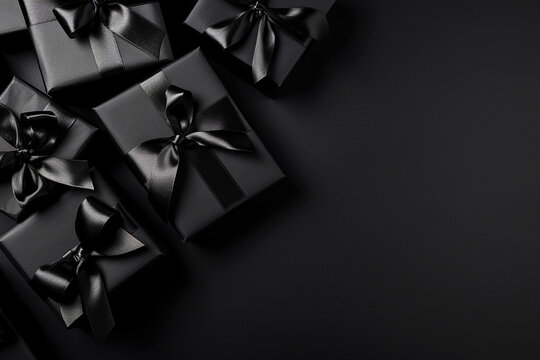 Dark gift boxes with satin ribbon and bow on black background. Holiday gift with copy space. Birthday or Christmas present, flat lay, top view. Christmas giftbox, Black friday concept.
