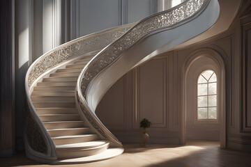 curve stairs in a hall and light comming from galss windows