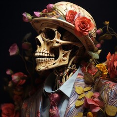 Beautiful skeleton in a bowler hat and a suit with colorful flowers and leaves. Skeleton in a suit with a tie and a hat with flowers looking to the side. Side view of a skeleton on a black background.