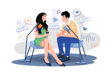 Couple With Microphone Works With A Live Recording Illustration concept on white background