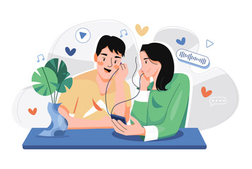 Couple Listening To A Romantic Podcast Illustration concept on white background