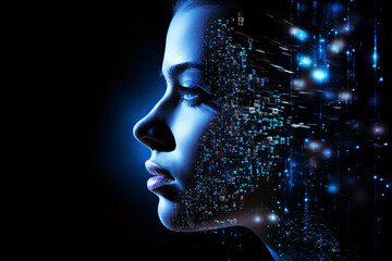 Artificial intelligence and digital technology background. Futuristic world. People interface with AI systems. Human mind and binary realm of data and information. Woman face recognized.