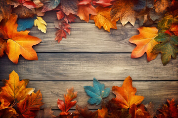 Wooden background, wood texture and autumn leaves, background, frame. Generative AI