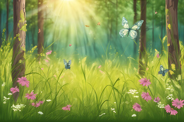 spring meadow with flowers, summer forest glade with flowering grass and butterflies on a sunny day -Generative Ai - obrazy, fototapety, plakaty