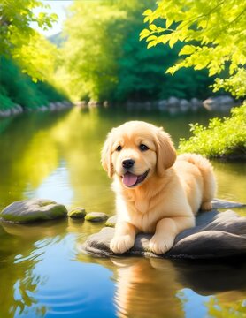 Adorable Golden Retriever Puppy, Reflection on Water, Pure Joy, Generative AI