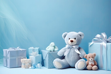 Baby Boy Concept Gifts on Pastel Blue Background for Birth and New born baby shower event - obrazy, fototapety, plakaty