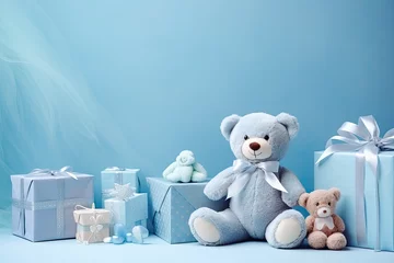 Dekokissen Baby Boy Concept Gifts on Pastel Blue Background for Birth and New born baby shower event © Peter