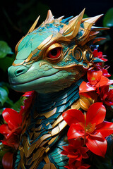 Close up of statue of dragon surrounded by flowers.