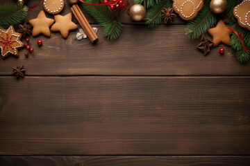 Christmas Frame with Ginger Snap Cookies on Wooden Background with empty space for text
