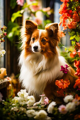 Brown and white dog standing next to bunch of flowers.