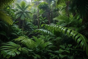 beautiful green jungle of lush palm leaves, palm trees in an exotic tropical forest, wild tropical plants nature concept for panorama wallpaper, 