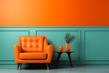 Chair and table in room with orange walls.