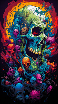 Image of skull surrounded by skulls and other colorful objects.