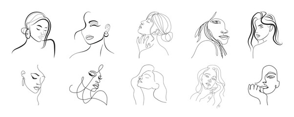 Vector logo and branding design templates in minimal style, for beauty center, fashion studio, haircut salon and cosmetics - female portrait, beautiful woman's face.