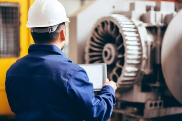 Experienced technician engineer fixing examining inspecting mechanical parts engine replacement details workshop repair consumer technology safety expertise industry specialist performing repair job