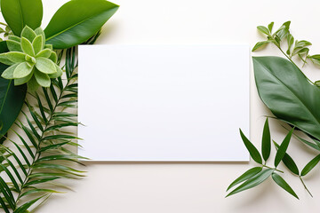 Fototapeta na wymiar Blank Paper Surrounded by Lush Green Plants on a White Background with empty space for text