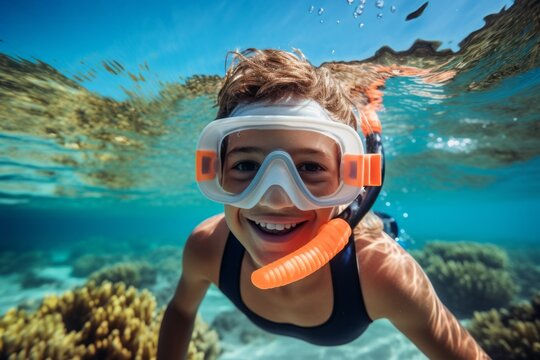 Portrait of happy little girl with snorkeling equipment underwater