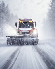 Snowplow removing snow from a road during a winter blizzard or snowstorm. Concept of traffic in blizzard and snow removal. Shallow field of view. - obrazy, fototapety, plakaty