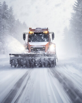Snowplow removing snow from a road during a winter blizzard or snowstorm. Concept of traffic in blizzard and snow removal. Shallow field of view.