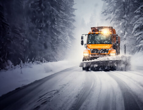 Snowplow removing snow from a road during a winter blizzard or snowstorm. Concept of traffic in blizzard and snow removal. Shallow field of view.