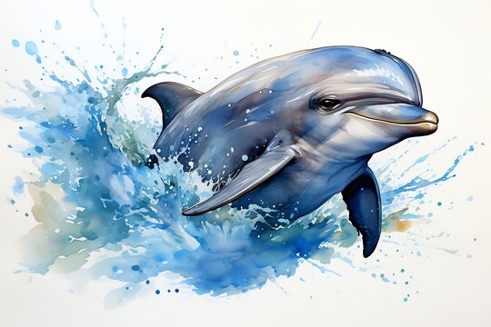 Image of dolphin jumping out of the blue water.