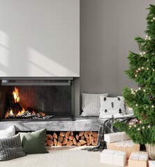 Modern gray Christmas interior with fireplace, Christmas tree and gifts, 3d render