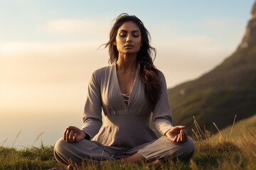 Young woman practices yoga and meditates in the lotus position at a hilly outdoor - obrazy, fototapety, plakaty