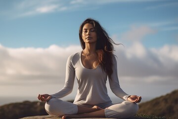 Fototapeta na wymiar Young woman practices yoga and meditates in the lotus position at a hilly outdoor