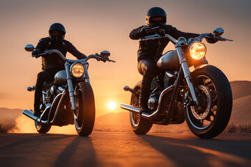 Obraz na płótnie Canvas motorcycle on the road, group of motorcycle riders riding together with sunset background
