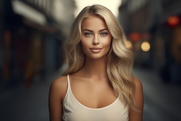Portrait of a beautiful smiling blonde girl in outdoor background. Generative AI