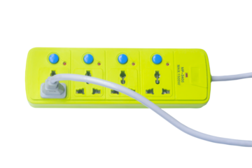 Top view of green socket and white electric power plug with line isolated on white background with clipping path in png file format.