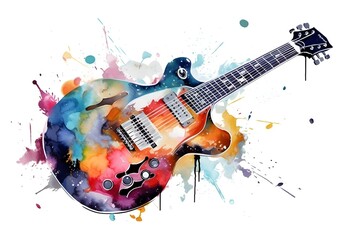 Watercolor guitar with color splashes on white background - obrazy, fototapety, plakaty