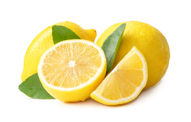 Two whole fresh beautiful yellow lemons with half slice and leaves isolated on white background with clipping path.