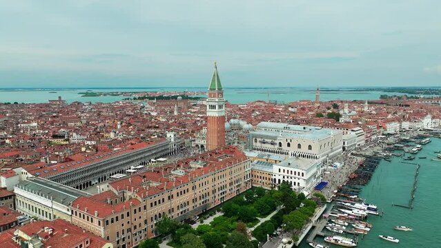 Aerial view of Piazza San Marco and basilica in Venice, Italy