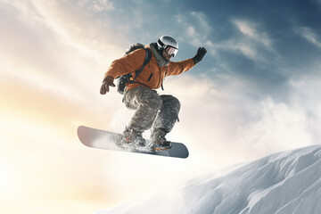 Man slides down the mountain on a snowboard, illustration. Generative AI. Extreme sport, ski resort, active lifestyle and nature, image