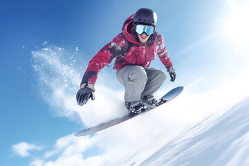 Fototapeta na wymiar Man slides down the mountain on a snowboard, illustration. Generative AI. Extreme sport, ski resort, active lifestyle and nature, image
