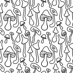 Groovy agaric mushrooms doodle seamless pattern. Perfect print for tee, paper, fabric, textile. Trendy illustration for decor and design.