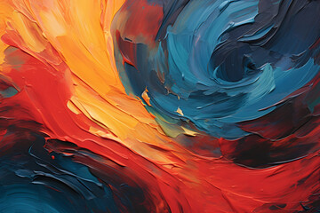 Close-up view of a textured, colorful abstract painting. the artwork has a rough, vibrant appearance with a mix of colors. abstract wallpaper pattern. copy space. 