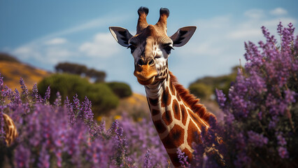Giraffe in a lavender field against a blue sky.